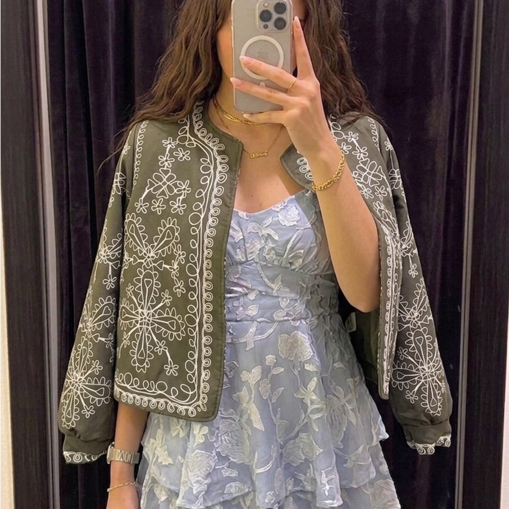 Embroidered Olive Green Women's Jacket